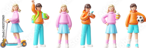 Kids vector set 3D plastic style, cartoon boy with smartphone, ball and school backpack, blonde girl with scooter