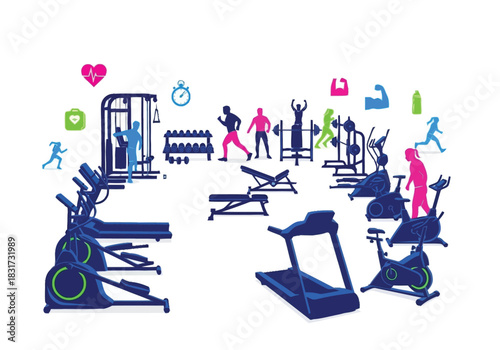 Vibrant Fitness Center Scene with Diverse Exercise Equipment and Silhouetted People furniture icons interior design layout architecture