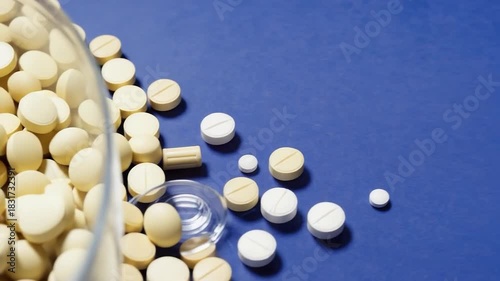 Assorted pills and capsules spill from a glass container onto a blue surface, highlighting their shapes and colors, creating a dynamic visual experience, camera zooms in for detail