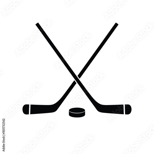 Simple black and white illustration of hockey sticks and a puck