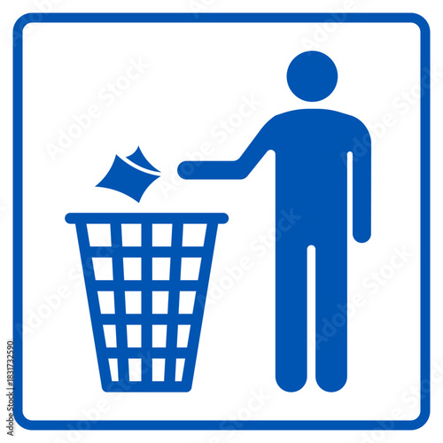 trash can sign throw garbage bin label sticker square blue frame isolated pictogram vector design