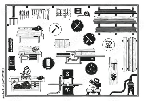 Woodworking Shop Tools and Materials Collection Vector Illustration furniture icons interior design layout architecture