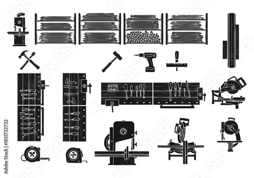 Workshop Tools and Equipment Collection DIY and Crafting Essentials furniture icons interior design layout architecture