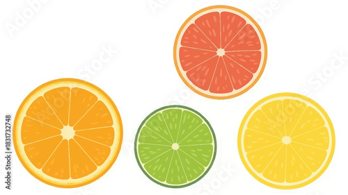 High resolution product photography of four vibrant citrus fruit slices arranged horizontally on a clean pure white background