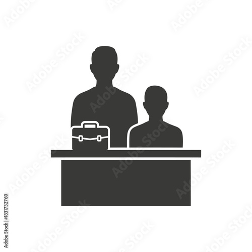 Business professionals with briefcase standing behind a reception desk icon
