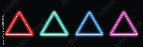 Set of Four Neon Triangle Vector Icons, Red, Green, Blue, and Purple Glowing Geometric Warning or Play Symbols on Black Background
