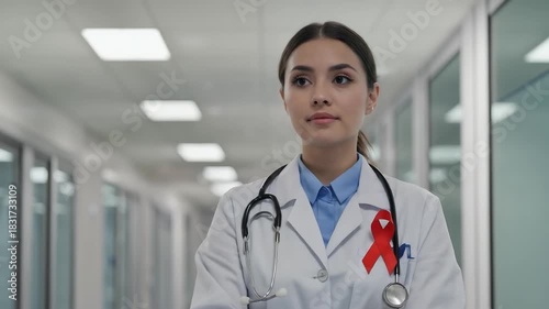 Medical professional in white coat stands in hospital corridor, exuding confidence and compassion, highlighting dedication to health, camera zooms in for focus
