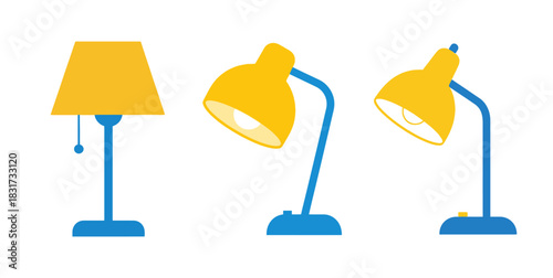 Three yellow and blue desk lamps in a row on a white background.