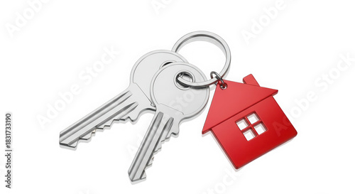 House keys with red house keyring isolated on transparent background