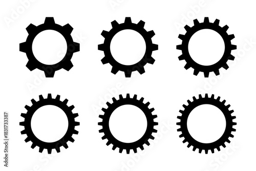 Set of black gear icons with different quantity of teeth. Vector
