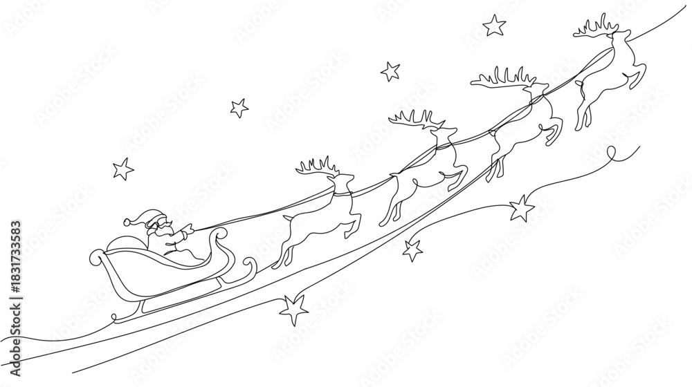 Fototapeta premium One continuous line drawing of Santa's sleigh being pulled by reindeer in motion, simple clean lines, modern Christmas style, white background, Single line draw vector illustration