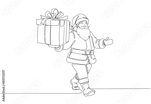 Continuous one-line drawing of Santa Claus walking cheerfully while carrying a big gift box, simple clean lines, modern Christmas style, white background, Single line draw vector illustration