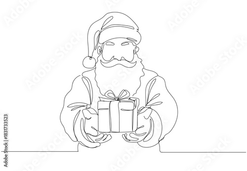 Continuous one-line drawing of Santa Claus walking cheerfully while carrying a big gift box, simple clean lines, modern Christmas style, white background, Single line draw vector illustration