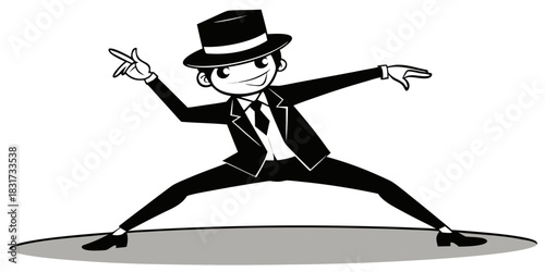Dynamic black and white silhouette of a male dancer in a stylish suit and fedora hat, performing an iconic and elegant dance move on a stage.