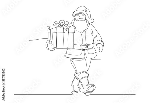 Continuous one-line drawing of Santa Claus walking cheerfully while carrying a big gift box, simple clean lines, modern Christmas style, white background, Single line draw vector illustration