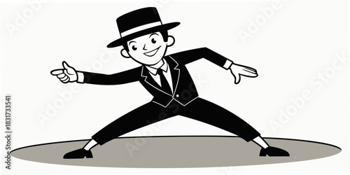 Dynamic black and white silhouette of a male dancer in a stylish suit and fedora hat, performing an iconic and elegant dance move on a stage.