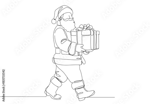Continuous one-line drawing of Santa Claus walking cheerfully while carrying a big gift box, simple clean lines, modern Christmas style, white background, Single line draw vector illustration