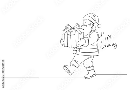 Continuous one-line drawing of Santa Claus walking cheerfully while carrying a big gift box, simple clean lines, modern Christmas style, white background, Single line draw vector illustration