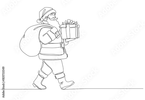 Continuous one-line drawing of Santa Claus walking cheerfully while carrying a big gift box, simple clean lines, modern Christmas style, white background, Single line draw vector illustration