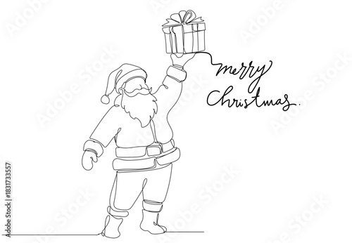 Continuous one-line drawing of Santa Claus walking cheerfully while carrying a big gift box, simple clean lines, modern Christmas style, white background, Single line draw vector illustration