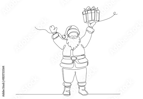 Continuous one-line drawing of Santa Claus walking cheerfully while carrying a big gift box, simple clean lines, modern Christmas style, white background, Single line draw vector illustration