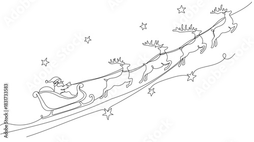 One continuous line drawing of Santa's sleigh being pulled by reindeer in motion, simple clean lines, modern Christmas style, white background, Single line draw vector illustration