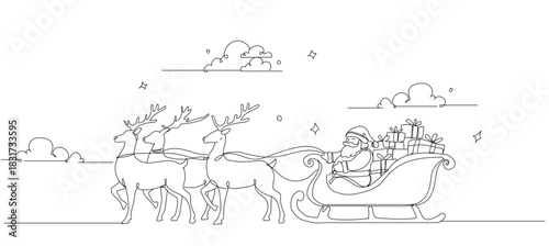 One continuous line drawing of Santa's sleigh being pulled by reindeer in motion, simple clean lines, modern Christmas style, white background, Single line draw vector illustration