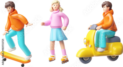 3D set of icons of children, boys, girls, skateboarding, rollerblading, and scootering.