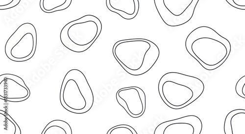 Minimalist black and white abstract pattern featuring irregular organic shapes in a seamless