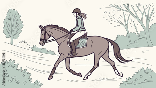 Illustration of a woman riding a horse in a field with trees and bushes around her scenery outdoors