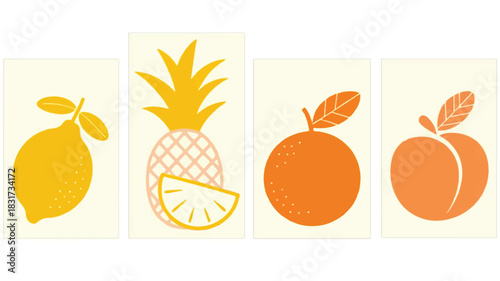 A collection of four minimalist fruit art prints displayed horizontally with clean lines and vibrant colors