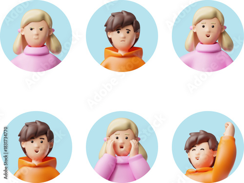 Kids positive and negative expression 3D portrait vector set, cartoon brunette boy and blonde girl round frame avatar