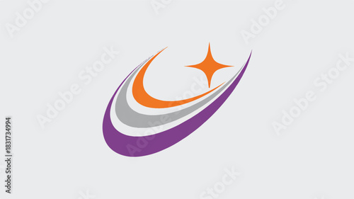 Minimalist corporate logo design featuring a dynamic swooshing curved line in purple white and gray color palette