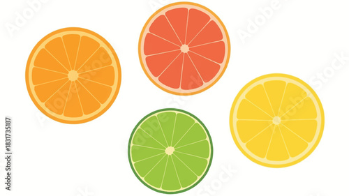 High resolution product photography of four vibrant citrus fruit slices arranged horizontally on a clean pure white background