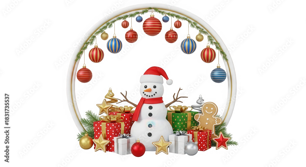Fototapeta premium Festive christmas display with snowman and gifts in a frame isolated on transparent background