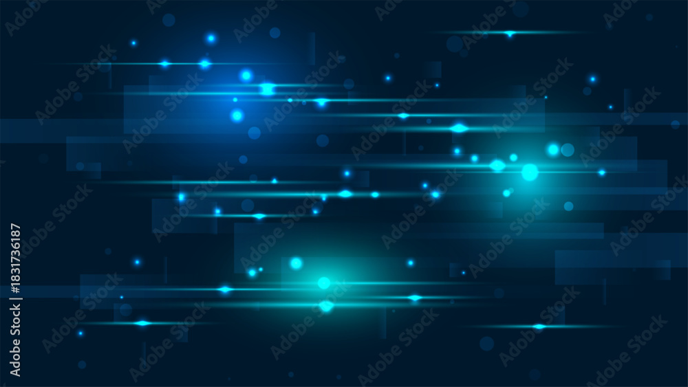 Obraz premium Abstract dark blue technology background featuring glowing neon horizontal lines and digital bokeh dots suitable for futuristic business presentations