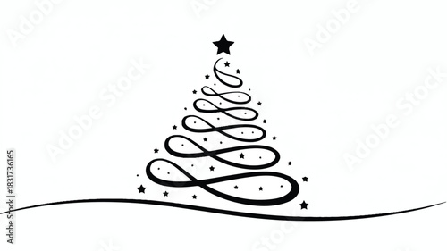 A minimalist black and white stylized christmas tree illustration with subtle color accents and classic font elements