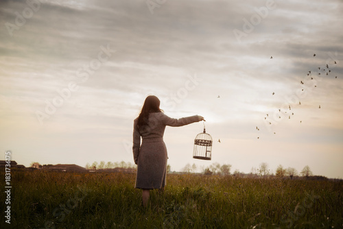 Girl walks towards infinity with an empty cage in a field at sunset while watching free birds in the sky.