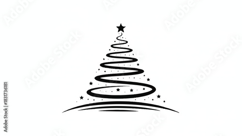 A minimalist black and white stylized christmas tree illustration with a clean and modern design aesthetic