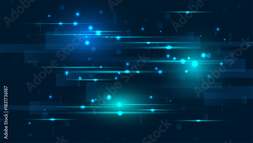 Abstract dark blue technology background featuring glowing neon horizontal lines and digital bokeh dots suitable for futuristic business presentations