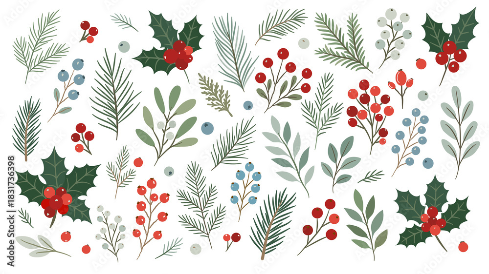 Fototapeta premium Winter evergreen foliage and berry clipart set in transparent PNG format. Hand drawn holly, fir branches, mistletoe and winter leaves for festive decor, seasonal crafts and holiday design.