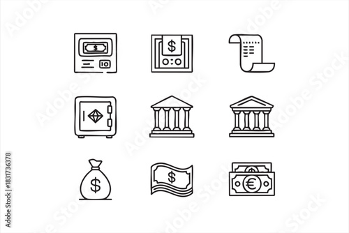 Safe, Cash, and Bank Symbols for Secure Banking, Funds, and Money Flow Graphics