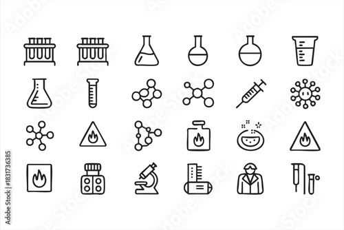 Chemistry Laboratory Line Icons for Medical Research and Scientific Analysis