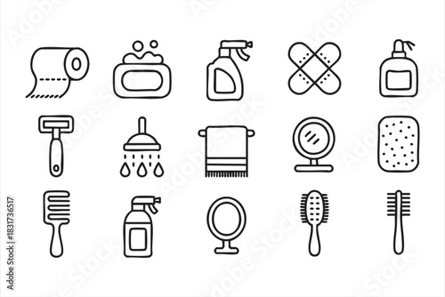 Personal Care Outline Icons for Grooming Supplies, Skincare Items, and Bathroom Graphics