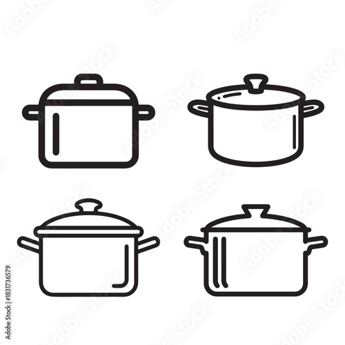 Stainless steel kitchen cooking pots and utensils set with glass lids isolated on white background