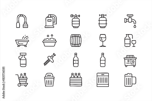 Drink Manufacturing Outline Icons for Bottling, Brewing Tools, and Hospitality Graphics
