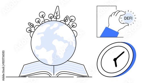 Earth surrounded by plants resting on an open book, hand holding DeFi coin, clock showing time. Ideal for sustainability, decentralized finance, innovation, time value, eco-awareness, learning