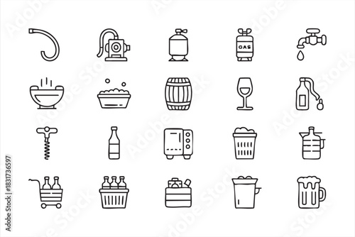 Water and Beverage System Line Icons for Liquid Processing and Packaging Illustration
