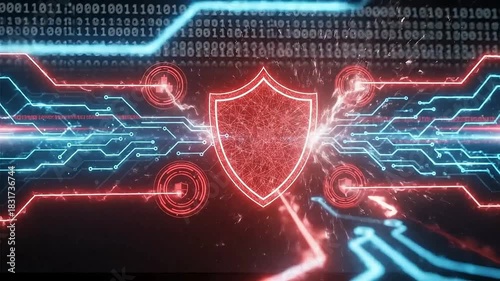 Cybersecurity shield protecting against digital threats with glowing circuit patterns, a modern solution for data security and online privacy concerns