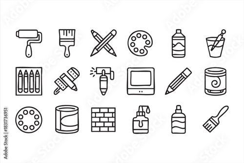 Drawing and Painting Tool Line Icons for Creative Studio and Craft Design